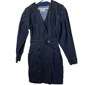 Etica Dress Womens XS Blue Mira Dark Denim Wrap Jean Mini Puff Sleeve Ca…